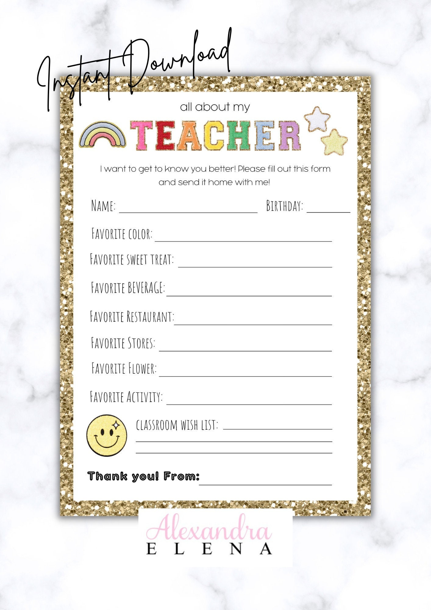 All About My Teacher Questionnaire For Teachers Glitter Varsity in Getting To Know My Teacher Printable
