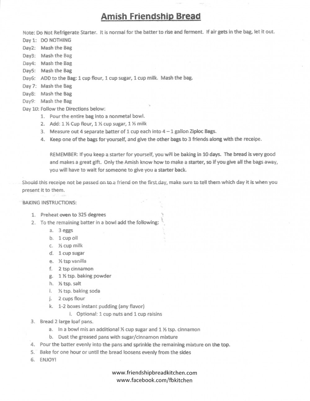 Amish Friendship Bread Instructions with Amish Friendship Bread Instructions Printable