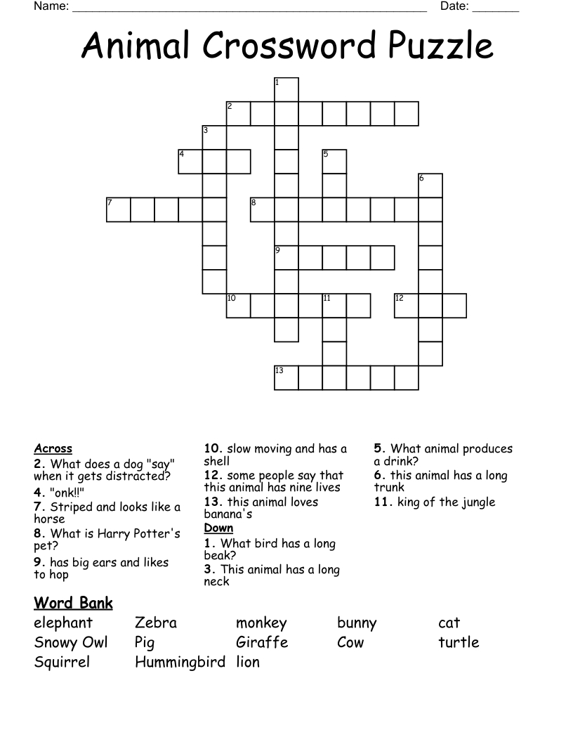 Animal Crossword Puzzle - Wordmint in Printable Animal Crosswords