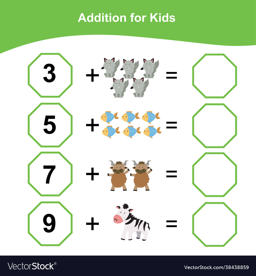Animals Addition Game Worksheet For Kids Vector Image within Animal Picture Addition Worksheet