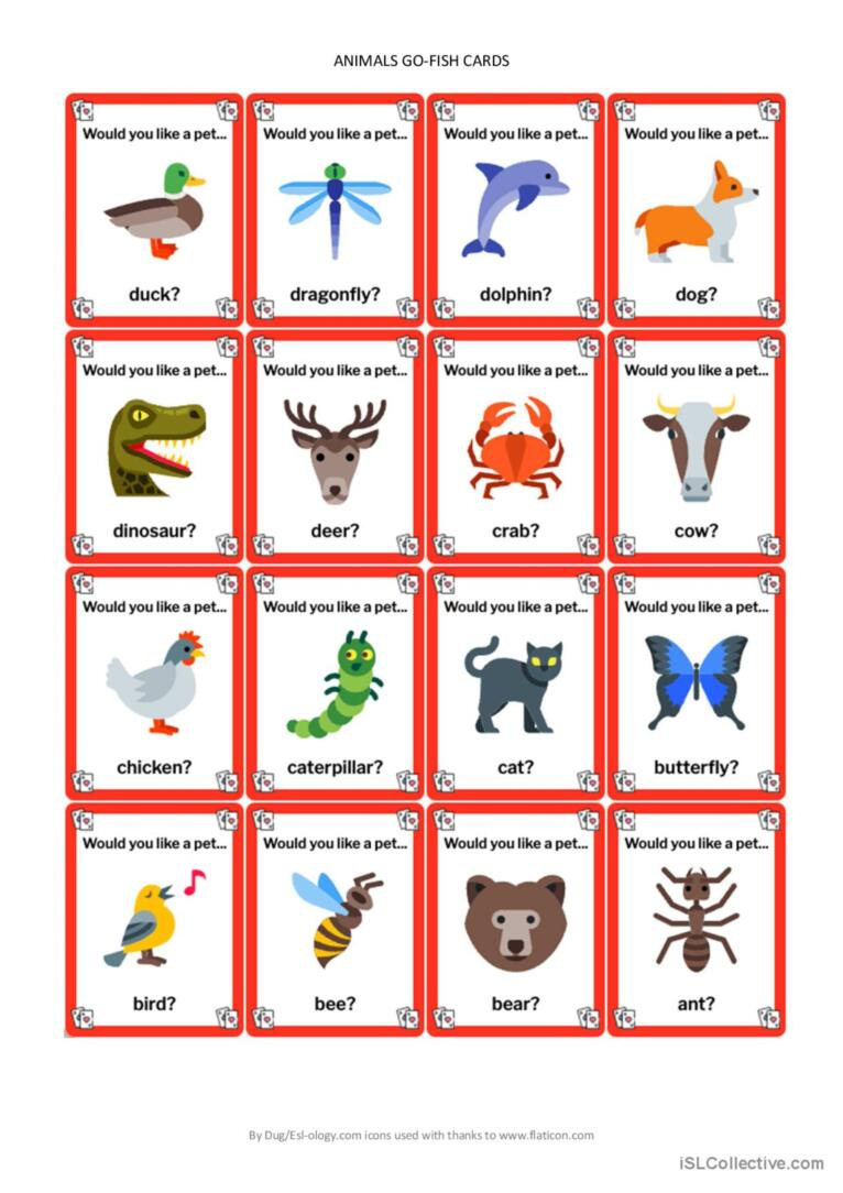 Animals Go Fish Cards: English Esl Worksheets Pdf & Doc with Printable Go Fish Cards