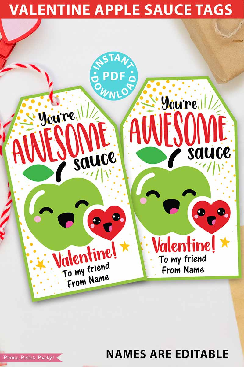 Applesauce Valentine Tags For Kids within Applesauce Pouch Valentines Free Printable
