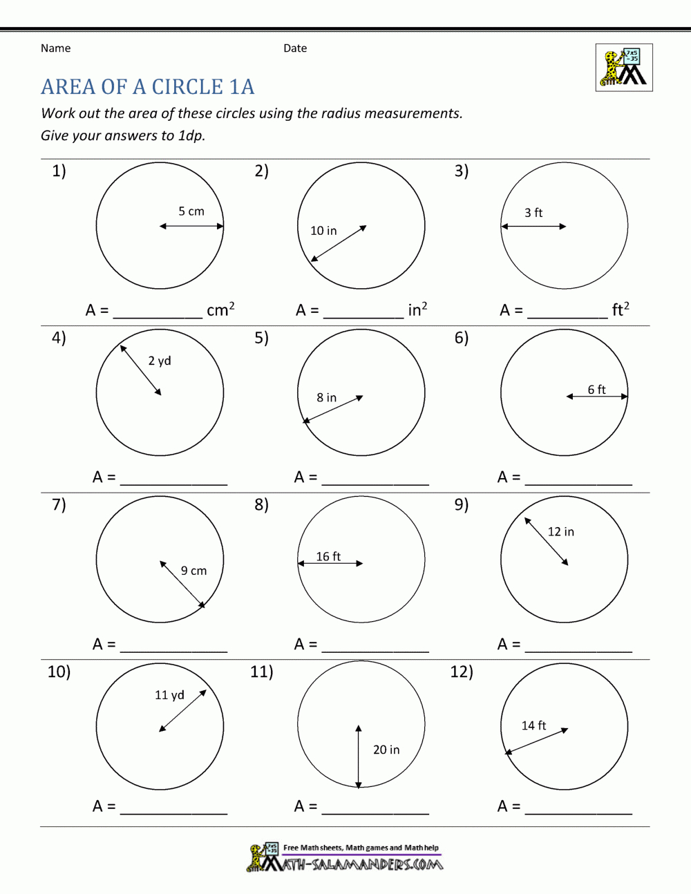 Area Of A Circle Worksheets pertaining to Free Worksheet Circle Radius Printable