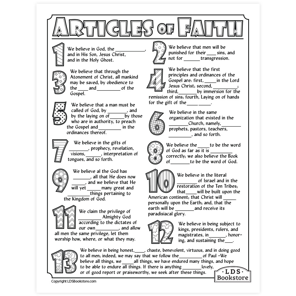 Articles Of Faith Coloring & Activity Page - Printable intended for Articles Of Faith Printable Free