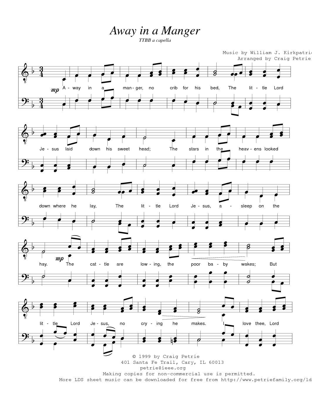 Away In A Manger (By Craig Petrie -- Ttbb) in Free Printable Away In A Manger Piano Sheet Music