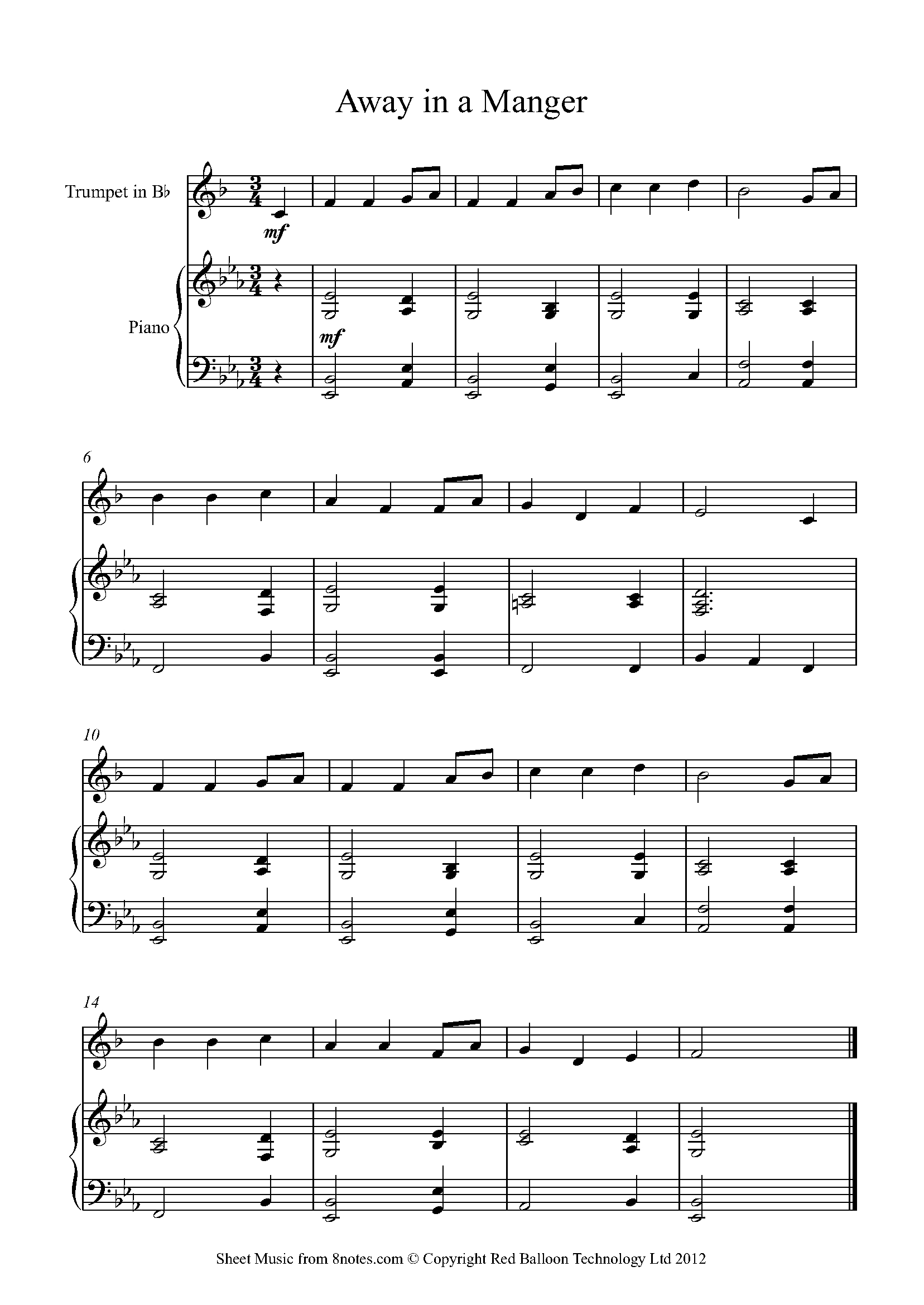Away In A Manger For Trumpet - Free Sheet Music For Trumpet intended for Free Printable Away in a Manger Piano Sheet Music