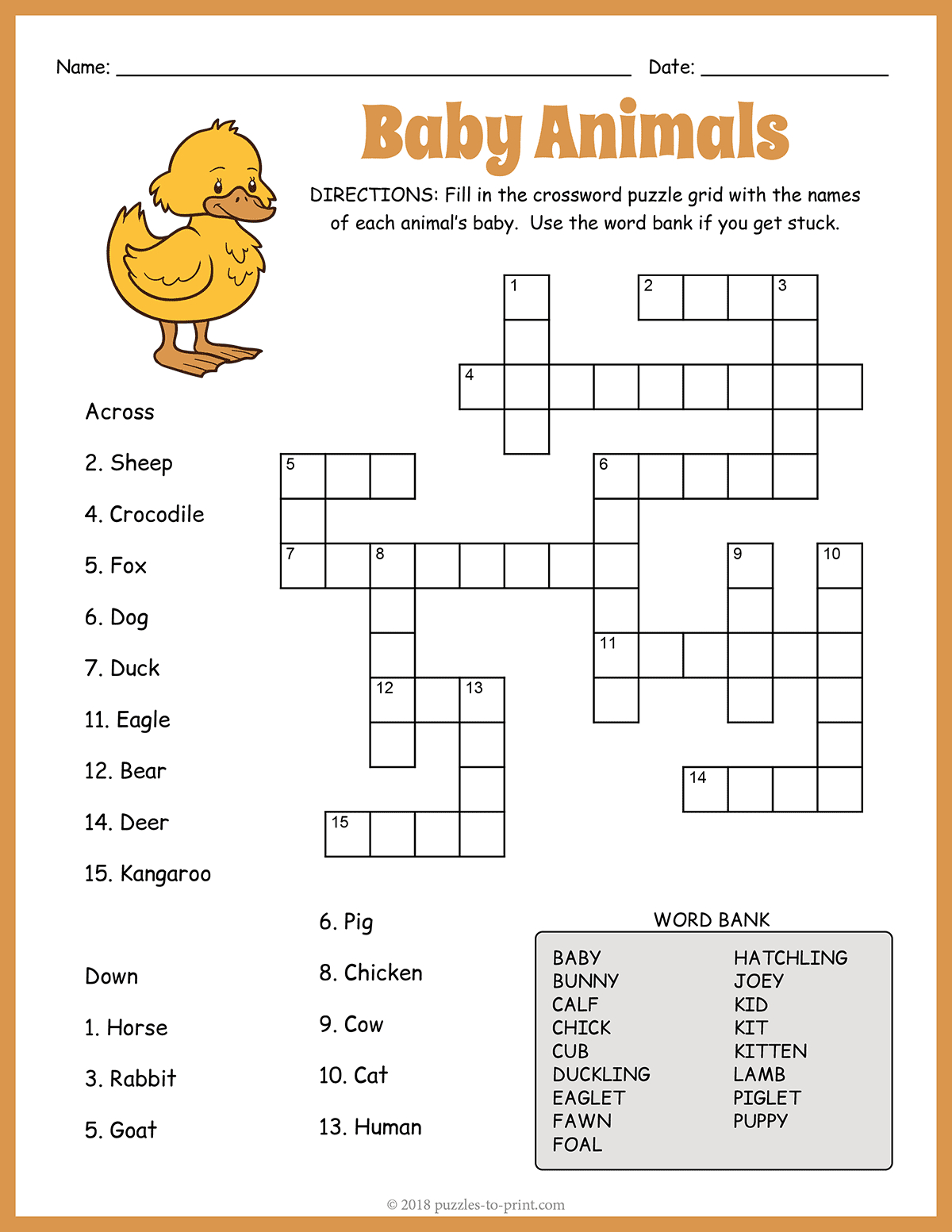 Baby Animals Crossword within Printable Animal Crosswords