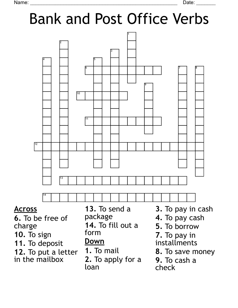 Bank And Post Office Verbs Crossword - Wordmint throughout Crossword With Word Bank Printable