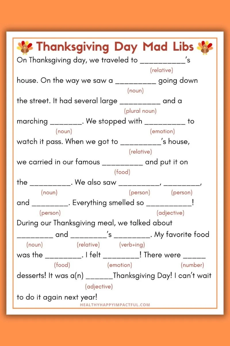 Best Thanksgiving Mad Libs Free Printable (Use It This Year!) with Thanksgiving Mad Libs For Adults Printable