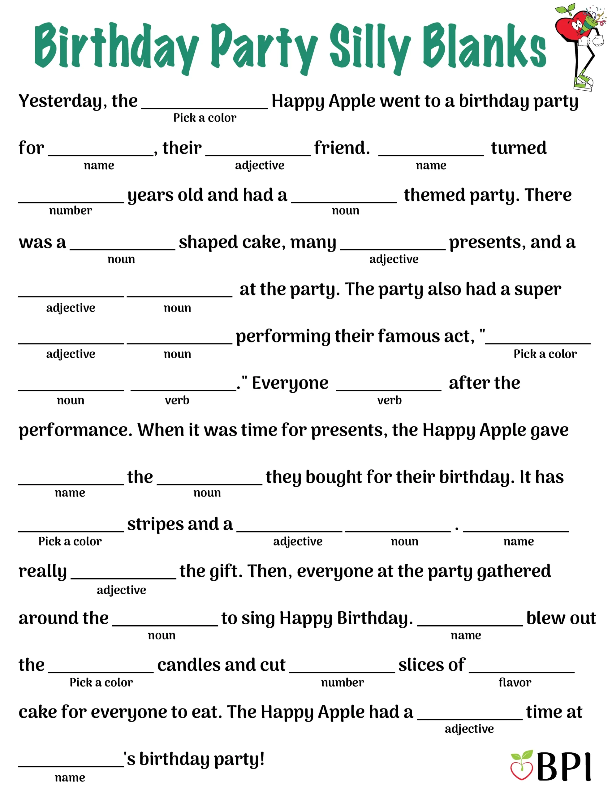 Birthday Party Silly Blanks throughout Birthday Mad Libs Printable Free