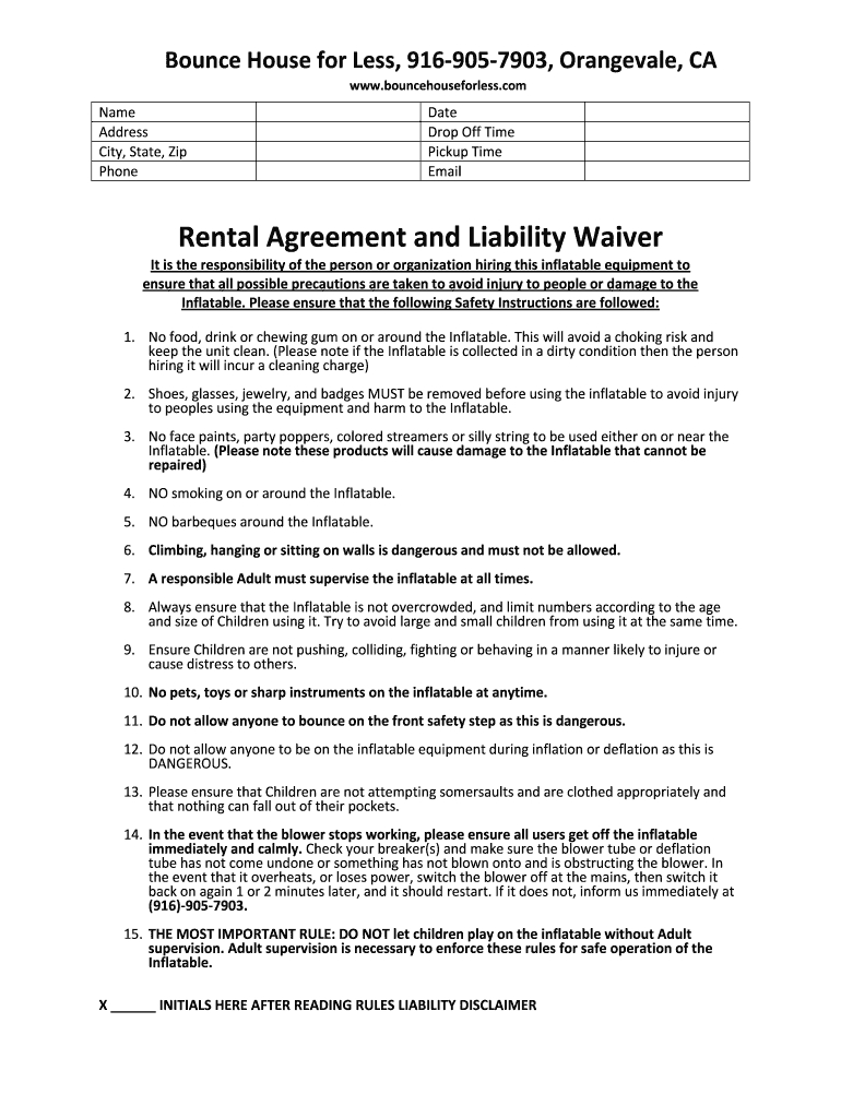 Bounce House For Less Rental Agreement And Form - Fill Online regarding Printable Bounce House Waiver Template
