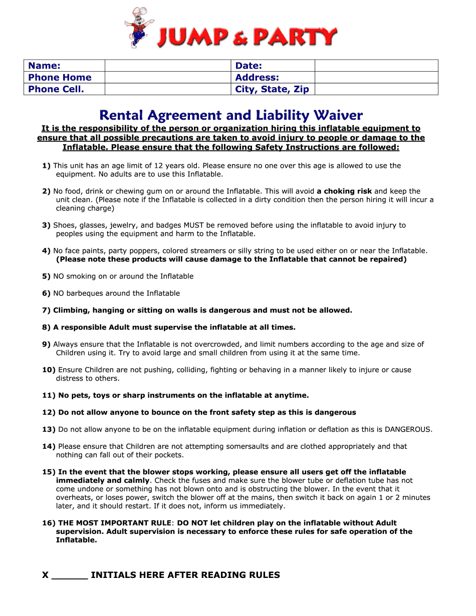 Bounce House Waiver - Printable Blank Pdf Online inside Printable Bounce House Waiver Template