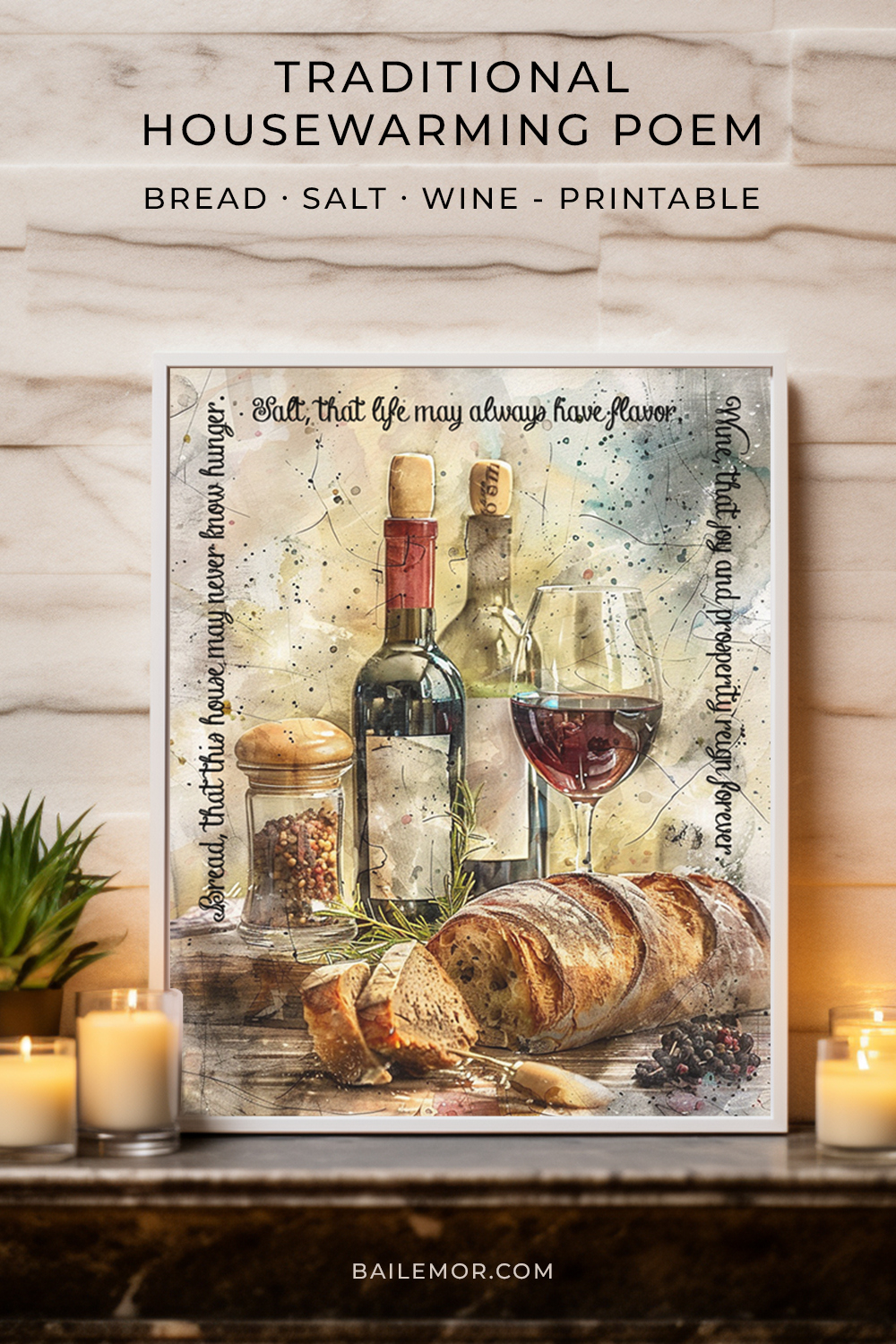 Bread Salt Wine Watercolor Housewarming Poem (Instant Download) with Free Printable Bread Wine Salt Housewarming Poem
