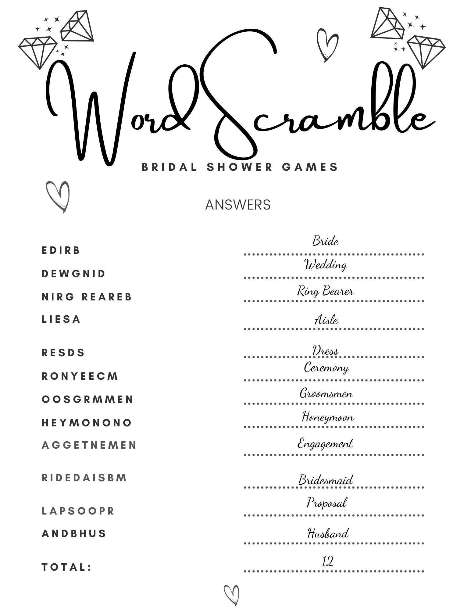 Bridal Shower Games Printable, Wedding Word Scramble Printable intended for Free Printable Bridal Shower Games Word Scramble With Answers
