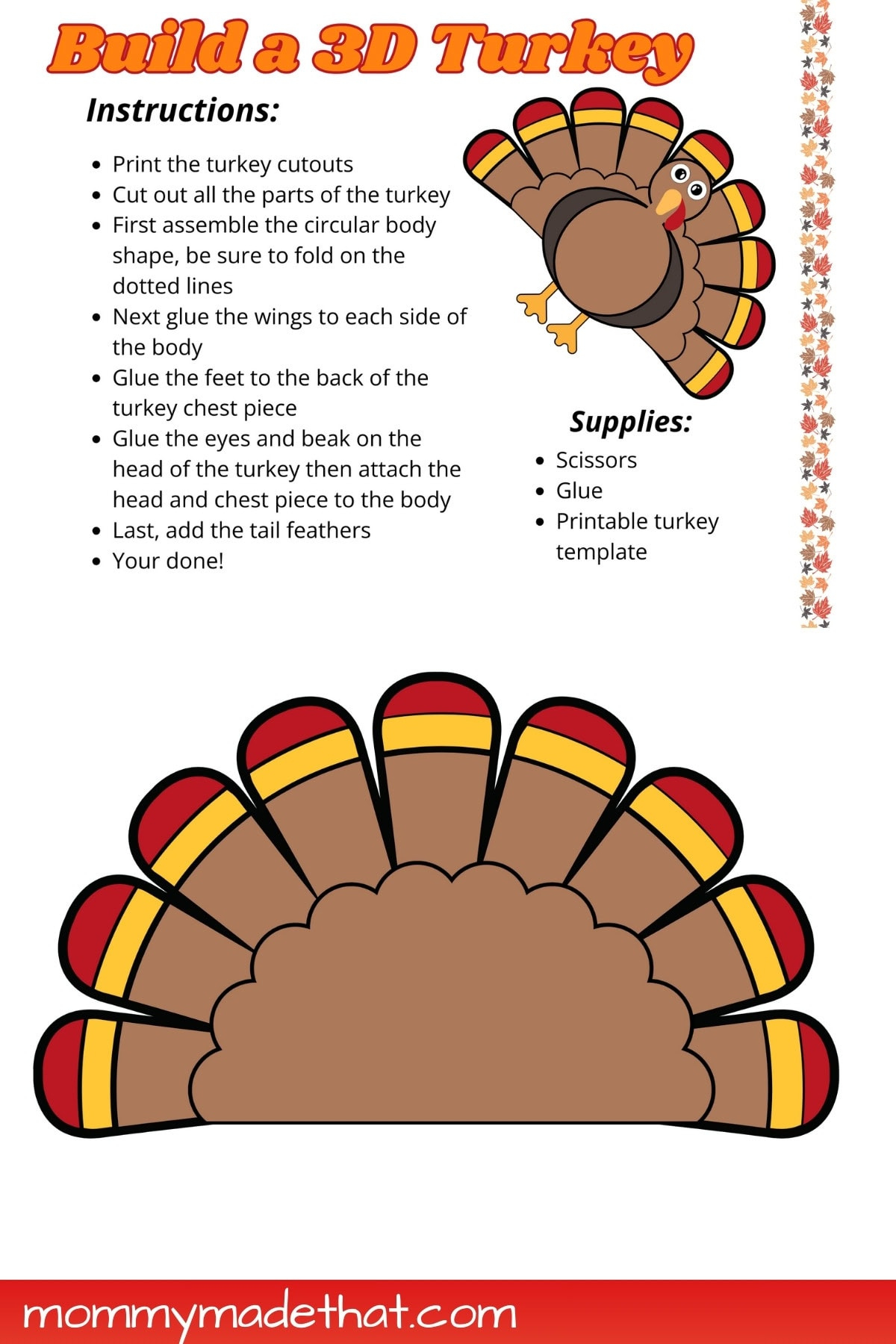 Build A 3D Turkey (Free Cut Out Printable) within Free Printable Turkey Craft Template