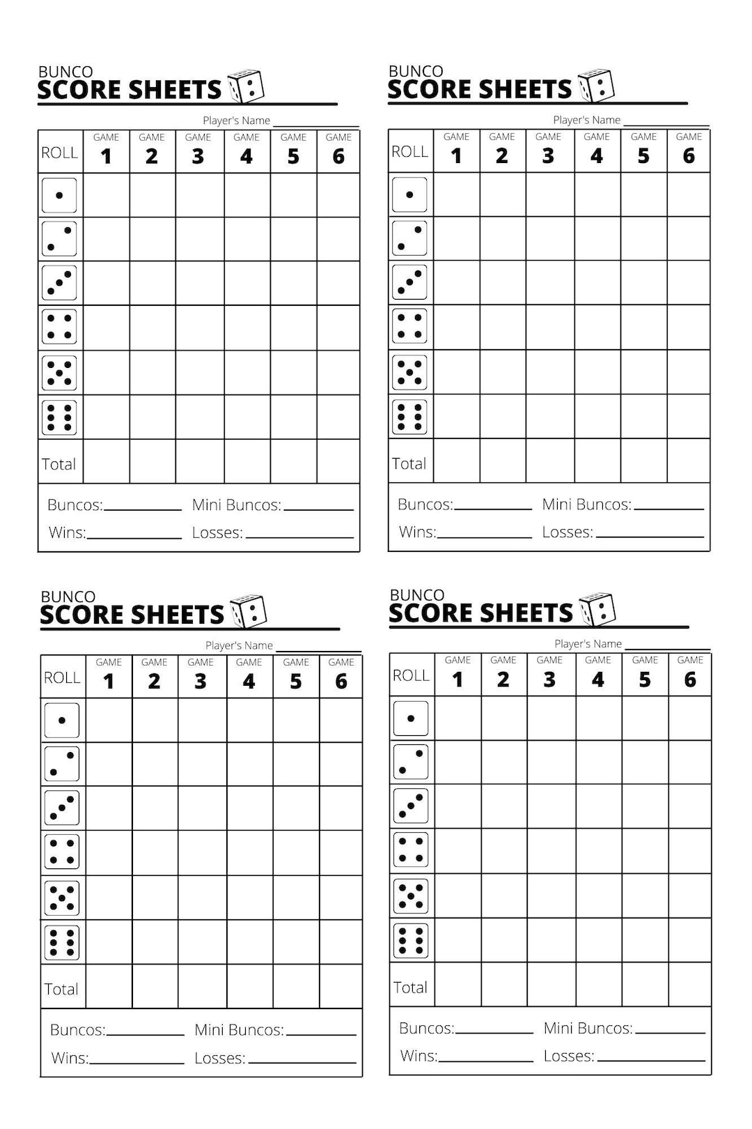 Bunco Score Sheets X4 - Bunco Score Sheets - Printable Pdf - Etsy regarding Free Bunco Tally Sheets Printable
