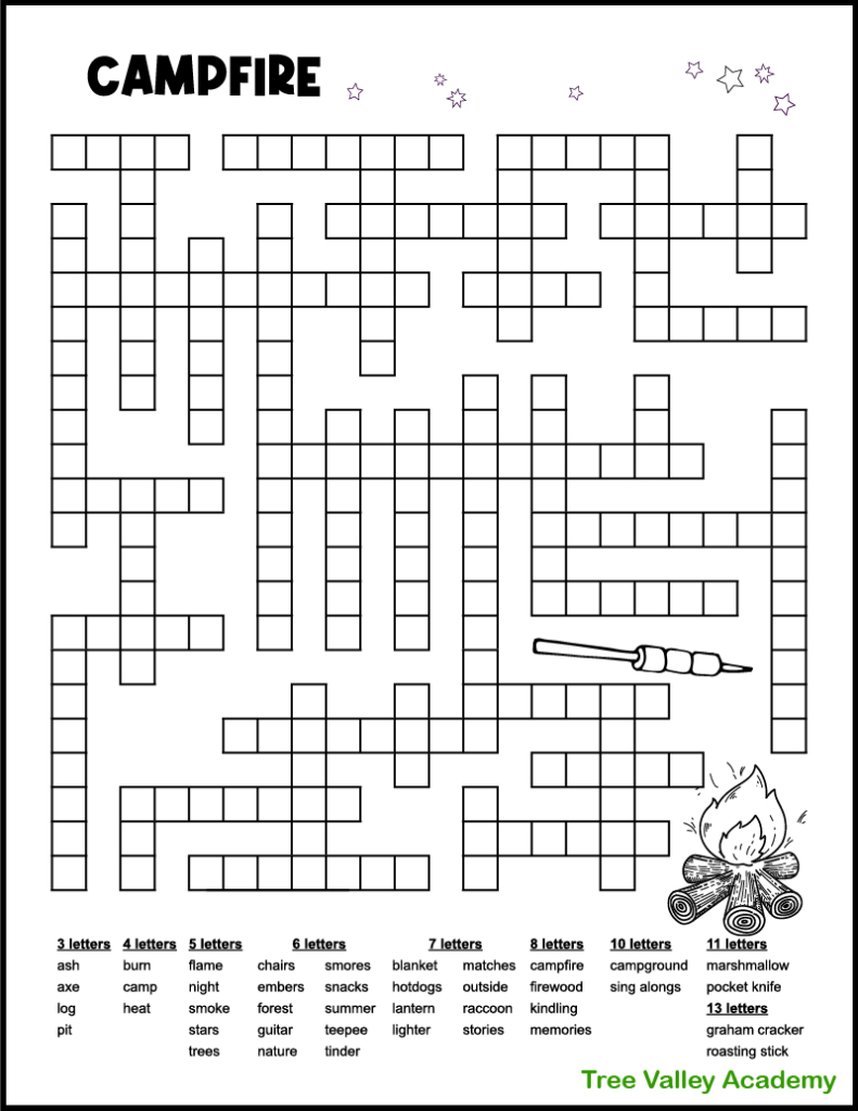 Campfire Camping Word Fill In Puzzle - Tree Valley Academy throughout Fill in Puzzles Free Printable