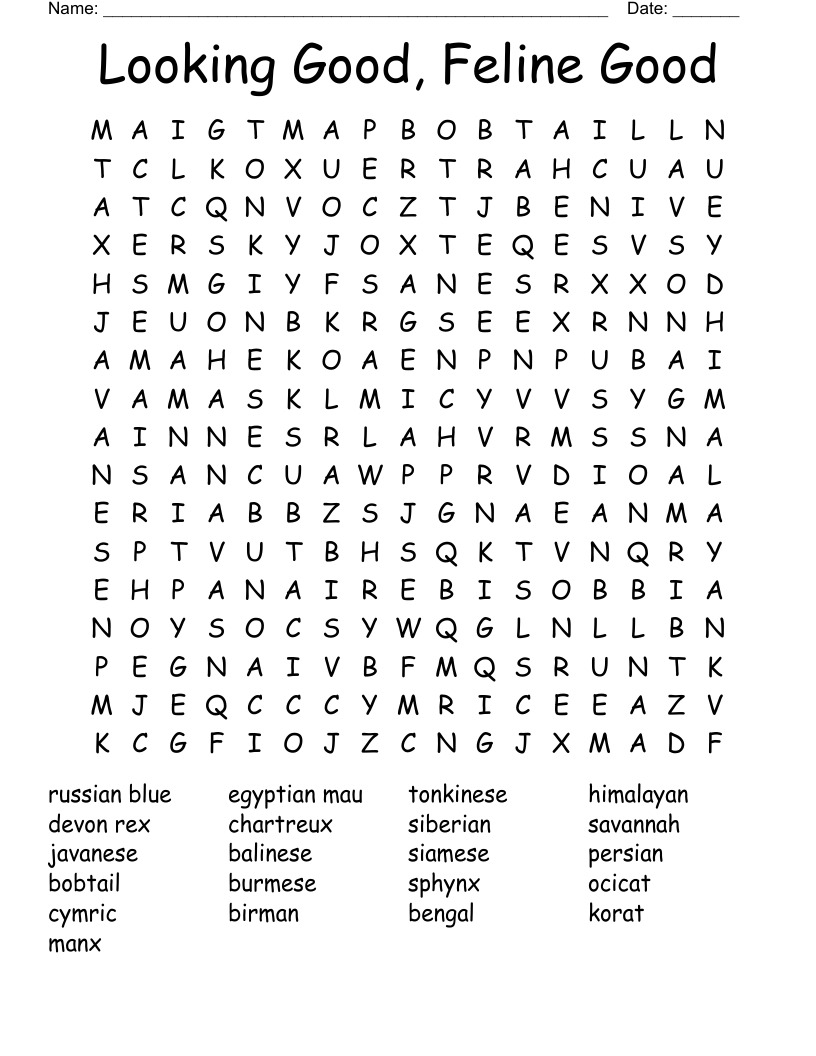 Cat Breeds Word Search - Wordmint within Cat Word Search Printable