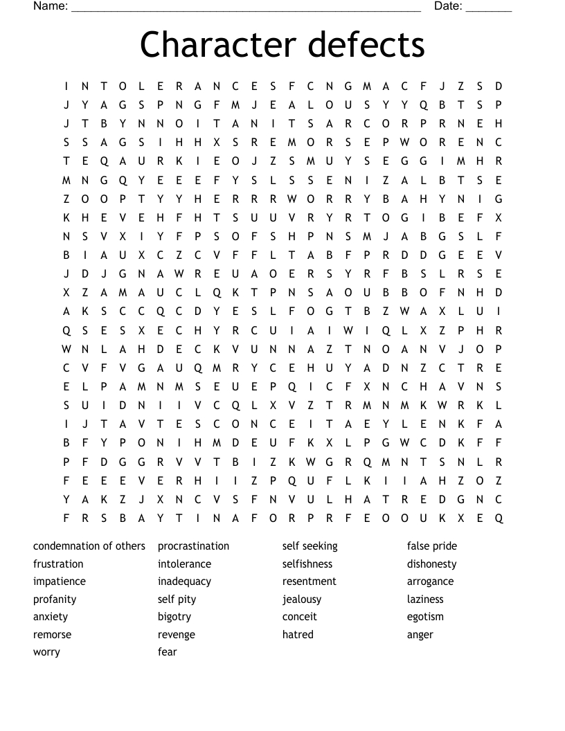 Character Defects Word Search - Wordmint in Printable Character Defects Worksheet