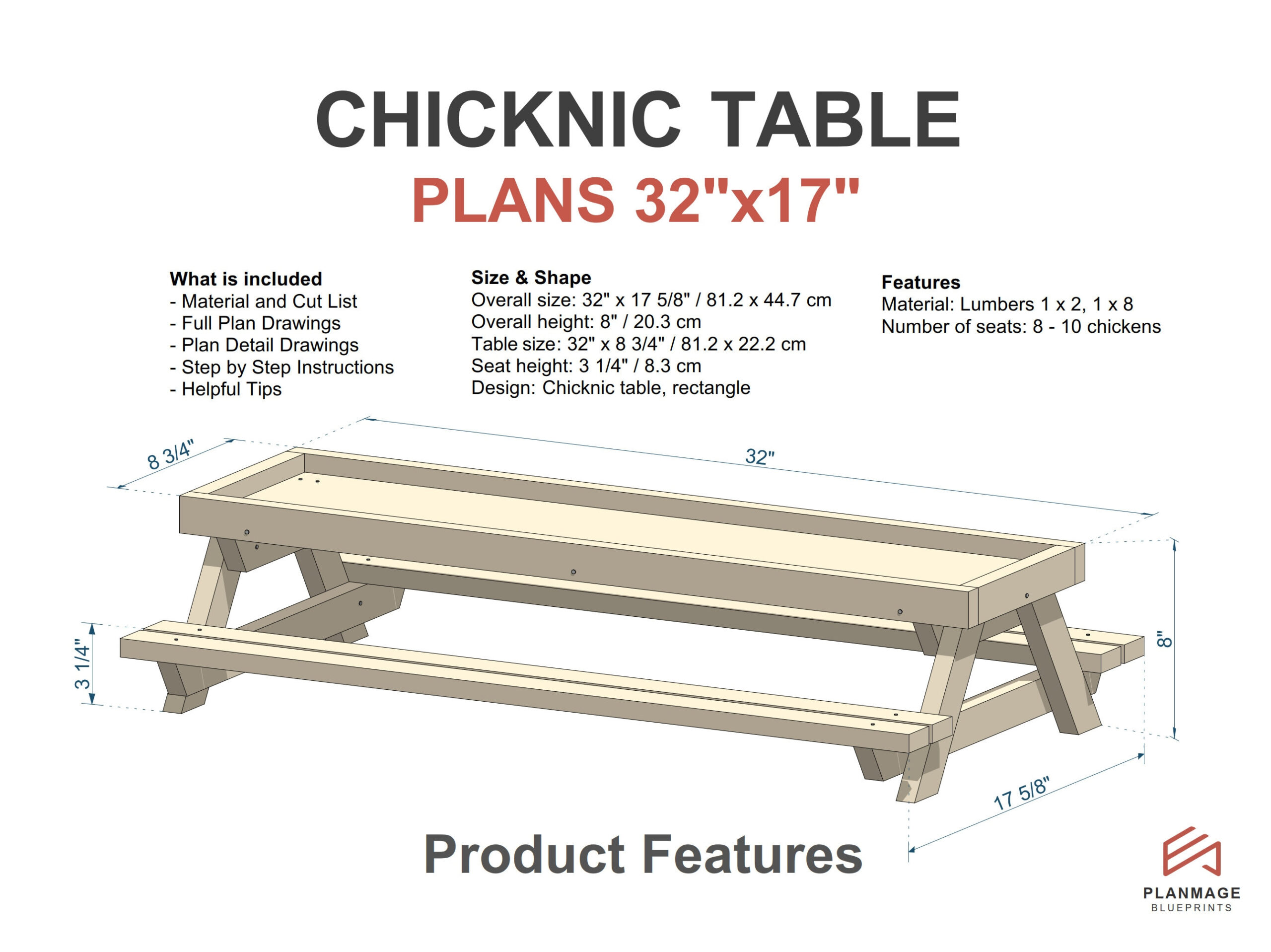 Chicknic Table Plans 32X17 In - Diy Chicken Picnic Table Pdf for Free Printable Chicknic Table Plans