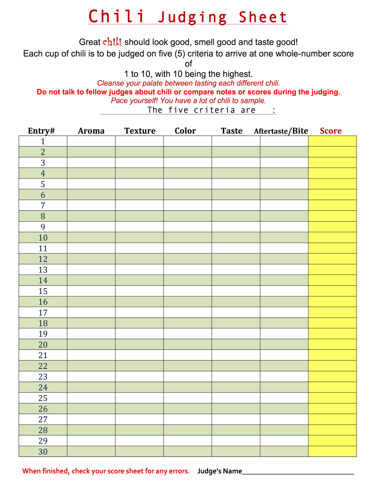 Chili Judging Sheet Sample Form - Fill Online, Printable, Fillable with regard to Pdf Free Printable Chili Cook Off Scorecards