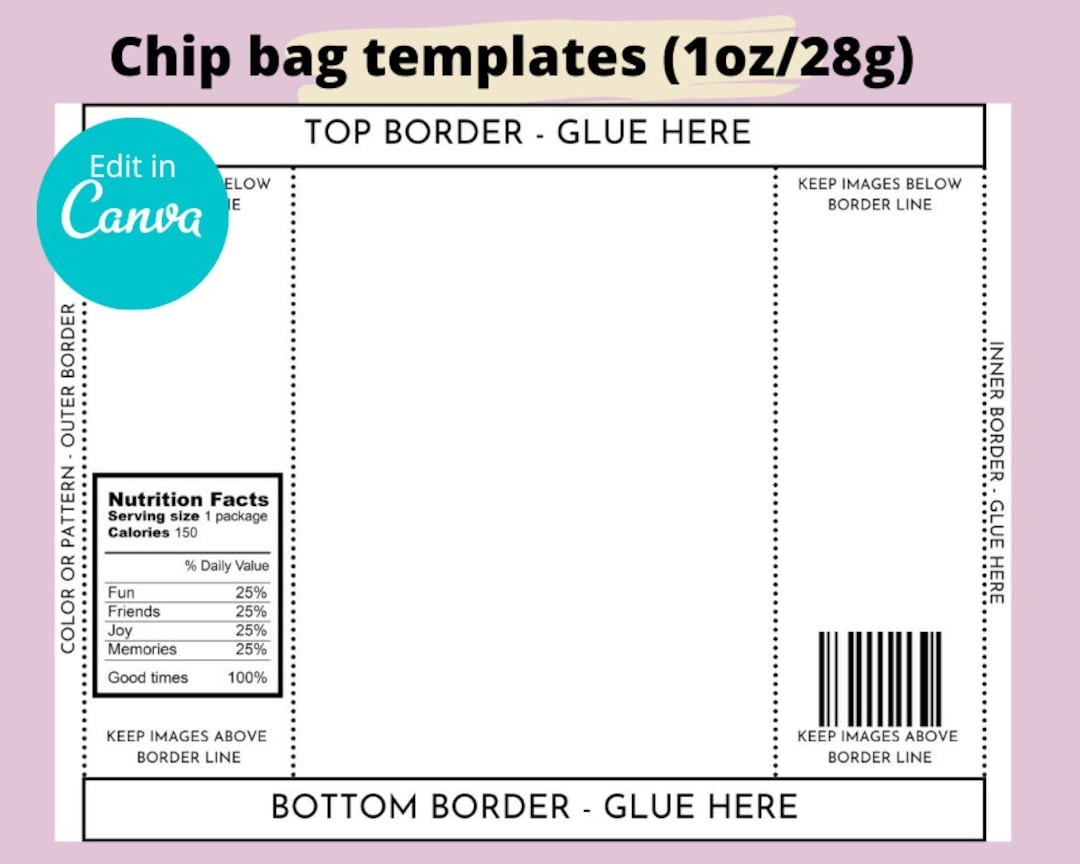 Chip Bag Template,Printable Party Favor,Customizable Bag Wrapper with regard to Free Template Printable Chip Bag Template
