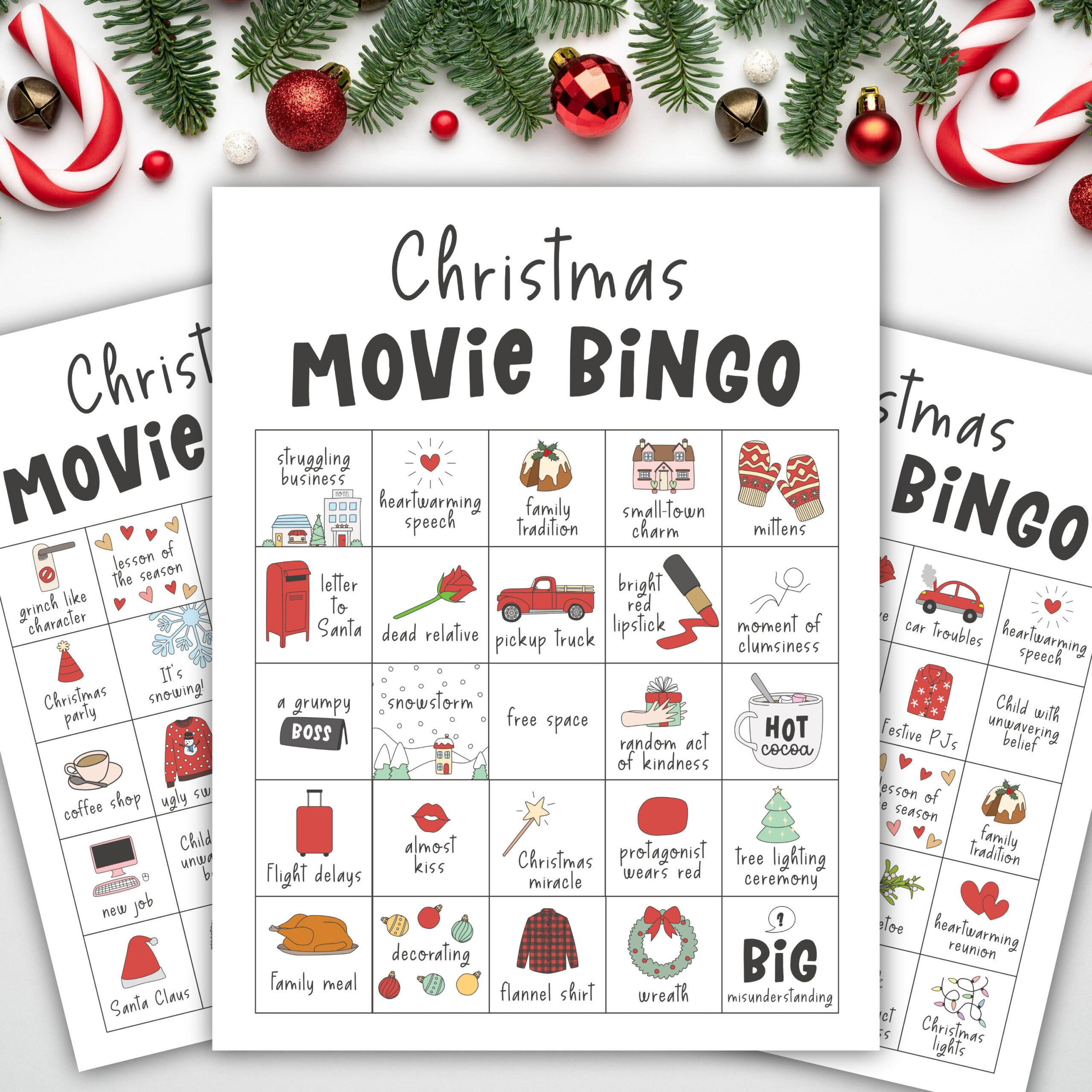Christmas Movie Bingo Cards, Printable Holiday Games, Xmas in Holiday Movie Bingo Cards