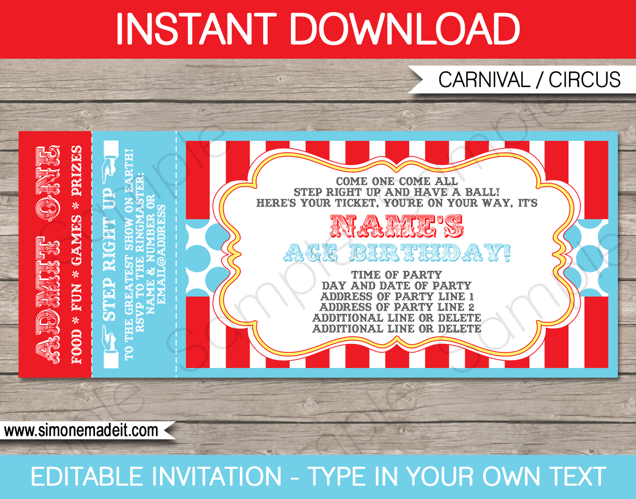 Circus Ticket Invitation Template - Red/Aqua intended for Free Printable Circus Invitation Template