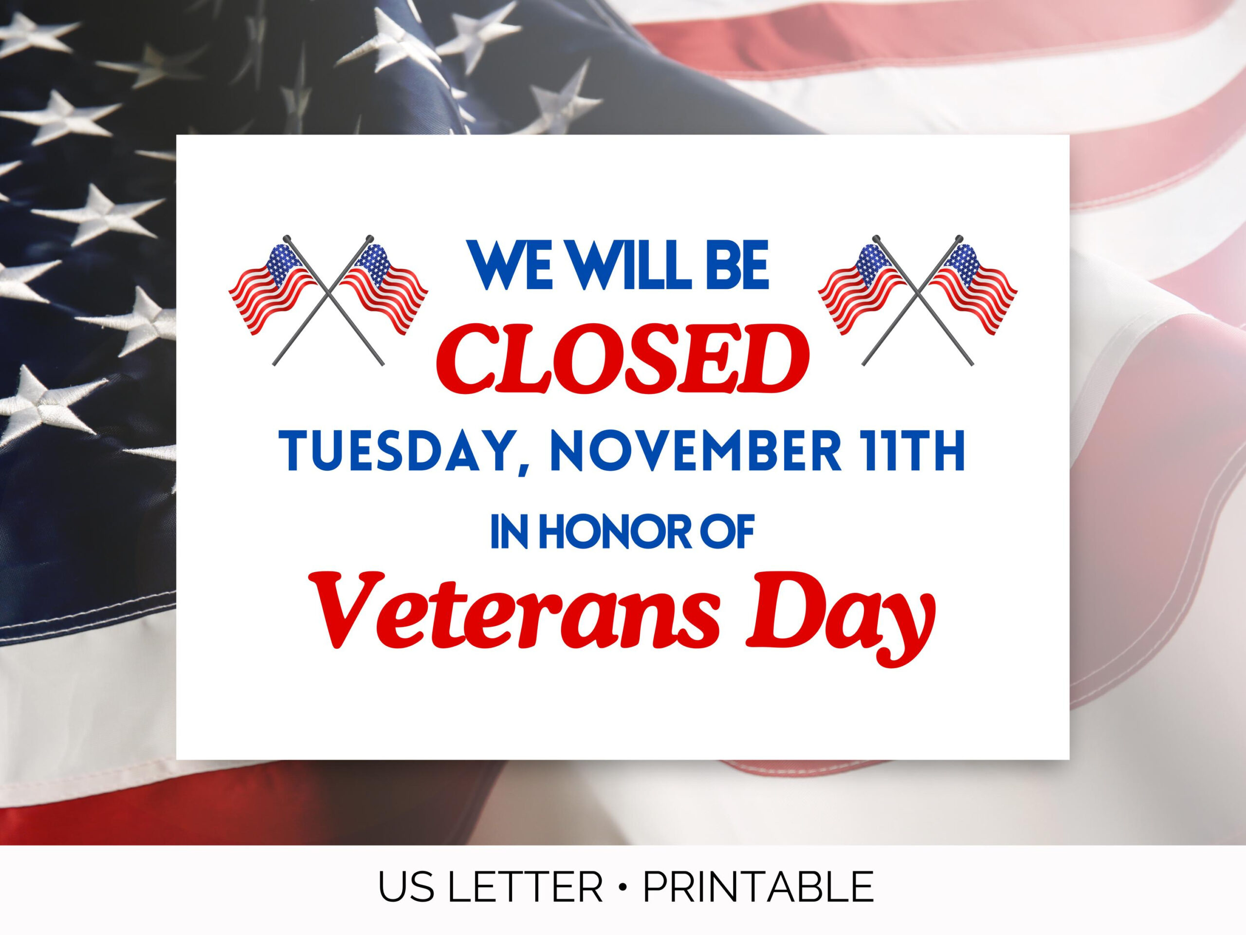 Closed For Veterans Day Printable Sign, Closed Veterans Day Sign with Veterans Day Closed Signs Printable