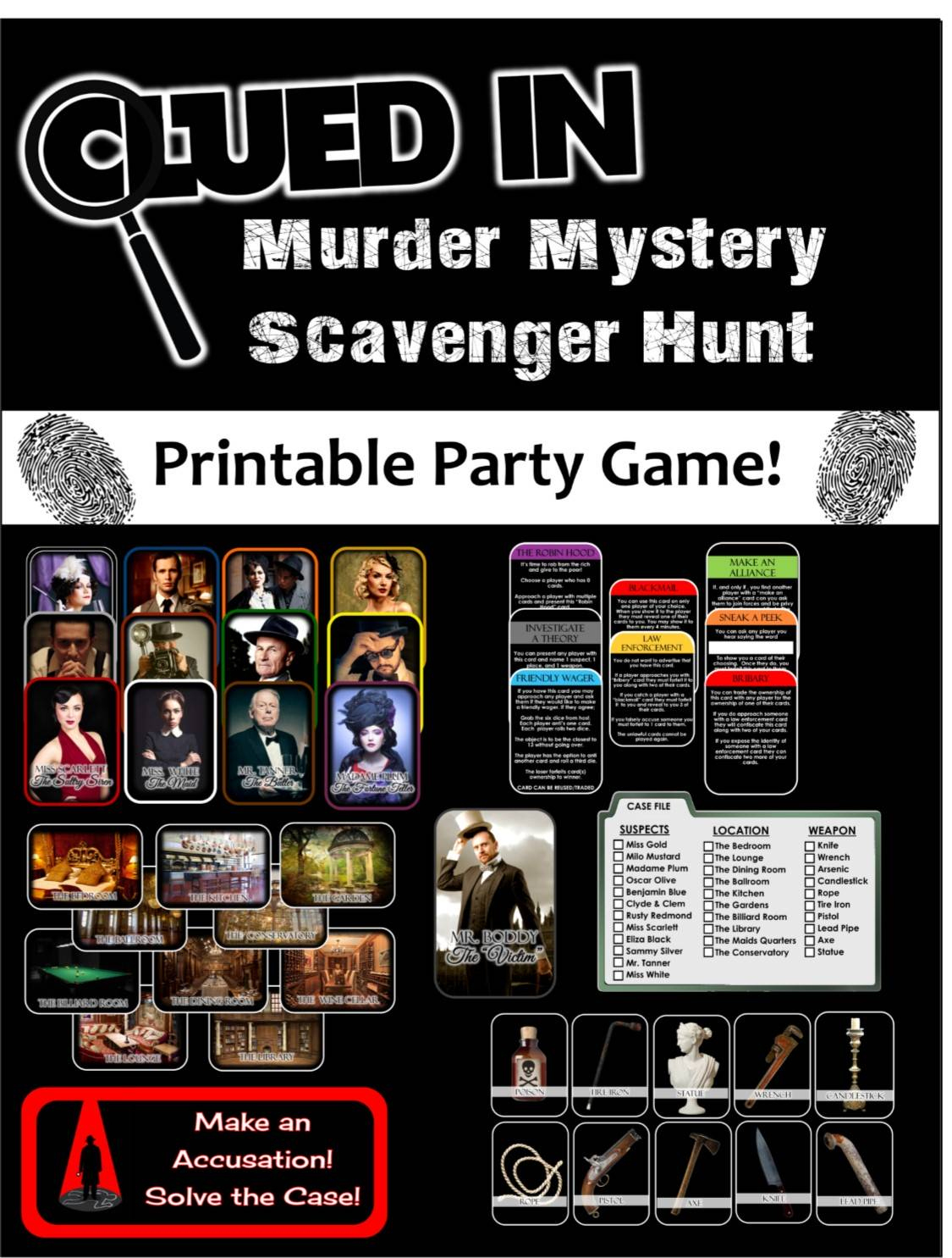 Clued-In Murder Mystery Scavenger Hunt - Printable Party Game inside Free Printable Murder Mystery Games
