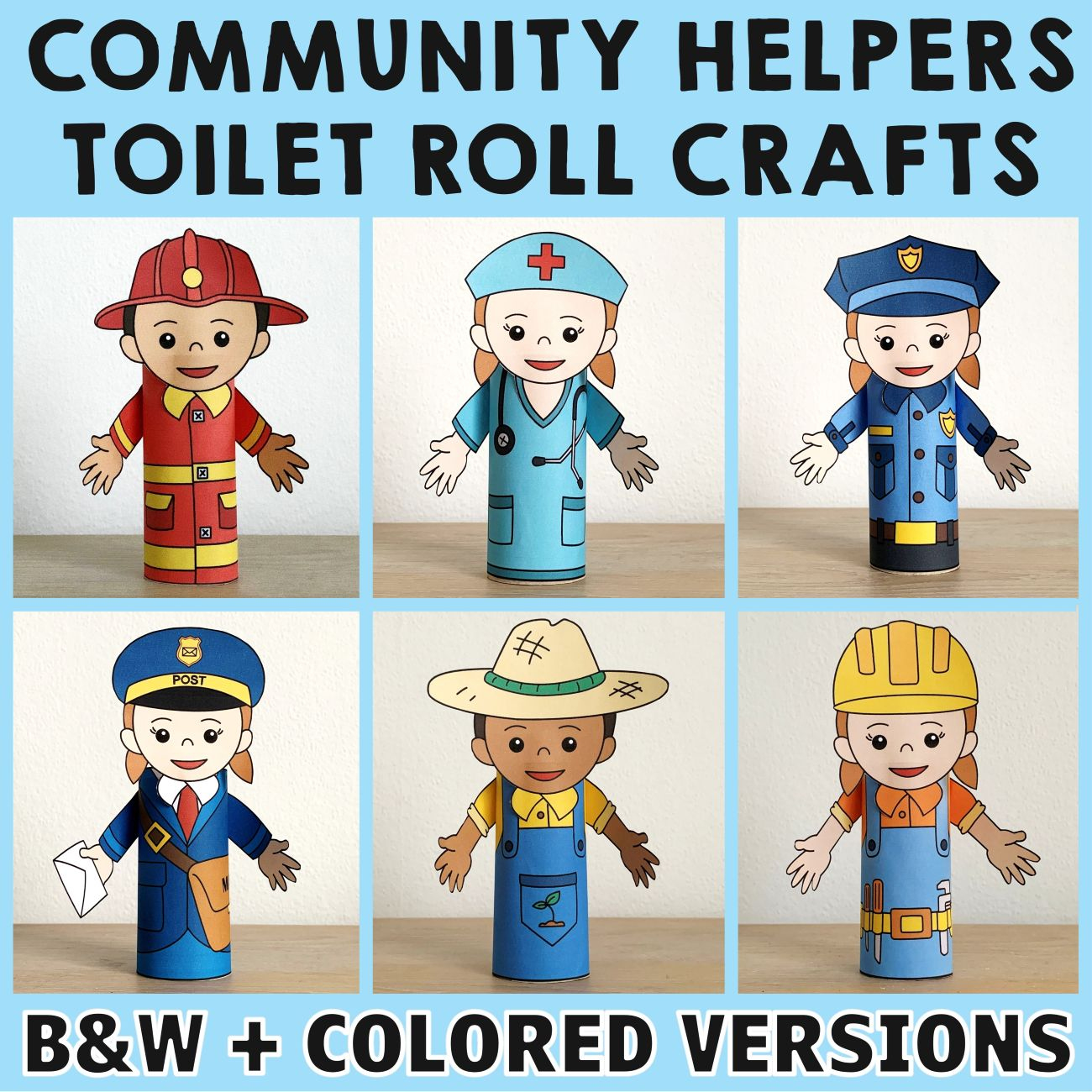 Community Helpers Toilet Roll Crafts (B&amp;amp;W + Colored) – Happy Paper throughout Free Printable Community Helper Puppets Template