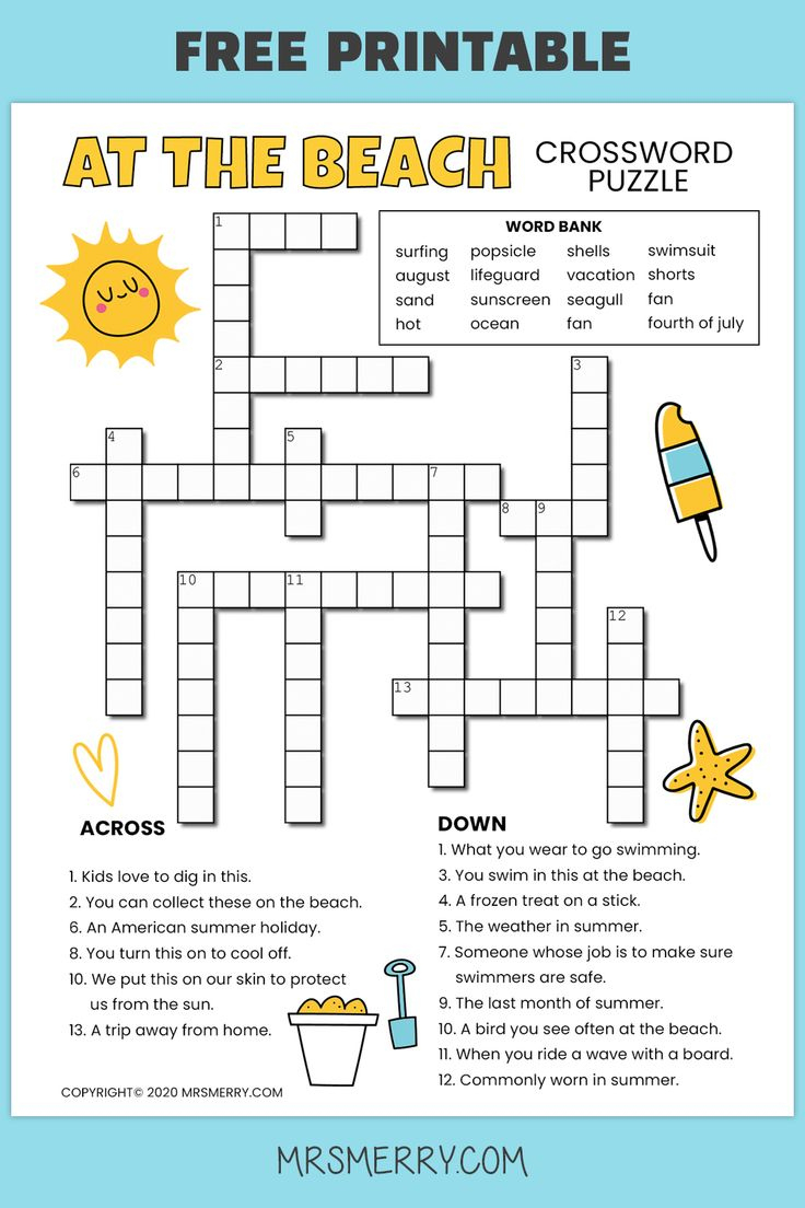 Crossword Puzzles For Kids - Summer Activity - Mrs. Merry for Free Printable Crossword Puzzles For Kids