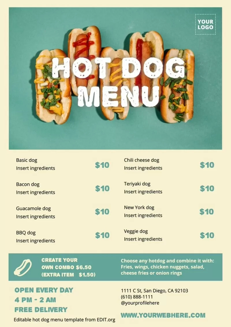 Customizable Hot Dog Menu Templates For Restaurants intended for Free Printable Hot Dog Bar Menu Printables