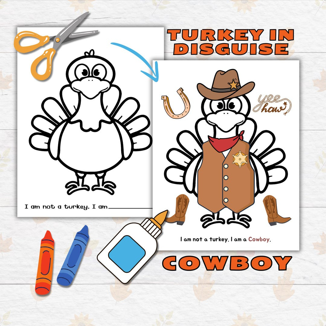 Disguise A Turkey Thanksgiving Printable Craft For Kids And Toddlers, Cowboy Turkey In Disguise, Turkey Paper Doll Printable Crafts For Kids intended for Cowboy Turkey in Disguise