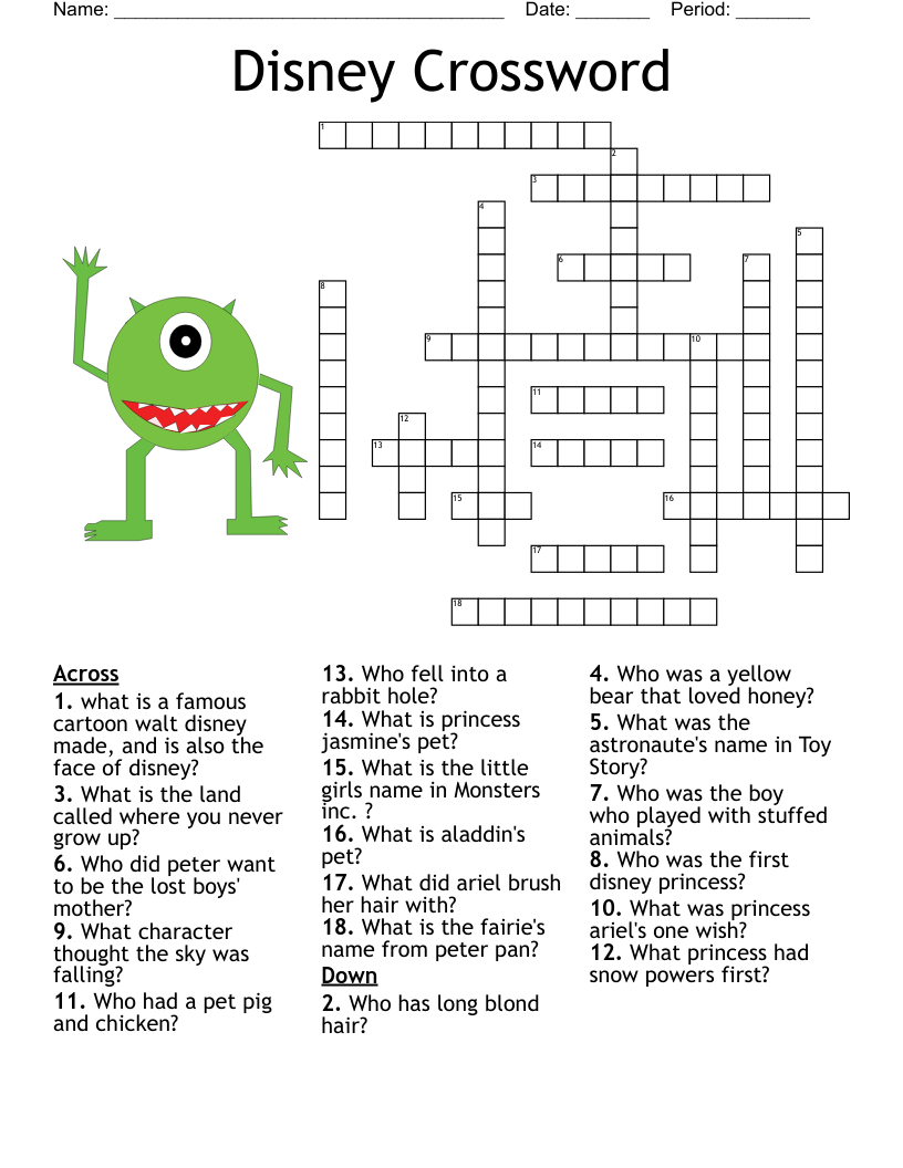 Disney Crossword - Wordmint for Printable Disney Crosswords