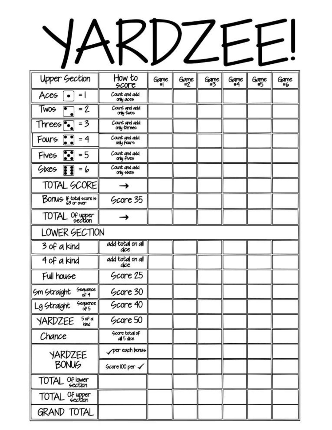 Druckbare Yardzee Score Card Datei Sofortiger Download Diy, Diy in Free Printable Yardzee Score Card