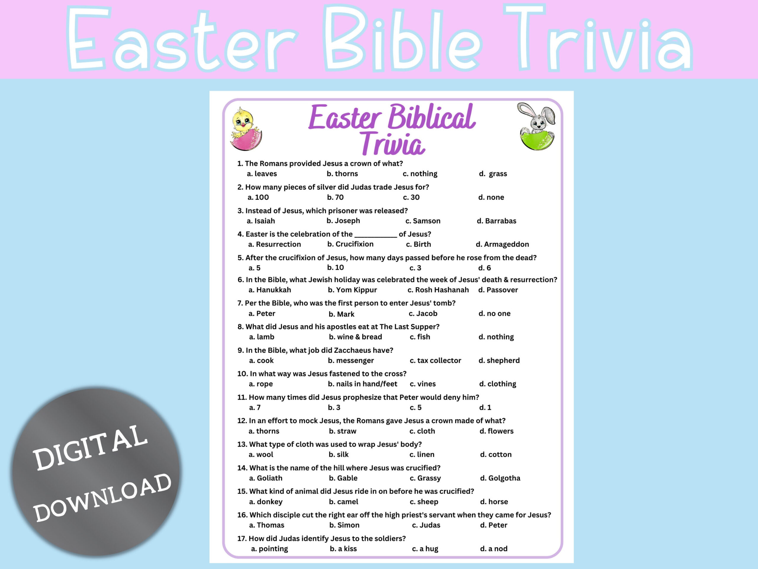 Easter Bible Trivia丨Easter Trivia Printable丨Bible Trivia Game丨 with Easter Bible Trivia Questions and Answers Printable