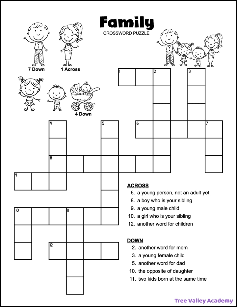 Easy Family Crossword Puzzle - Tree Valley Academy in Easy Crossword Puzzle Printable Free