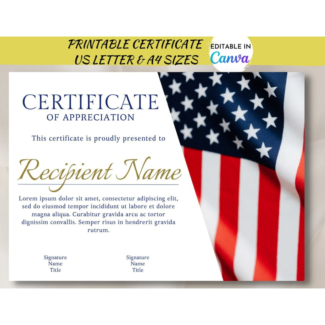 Editable American Flag Appreciation Certificate | Usa Veteran'S with Printable Certificates For Veterans