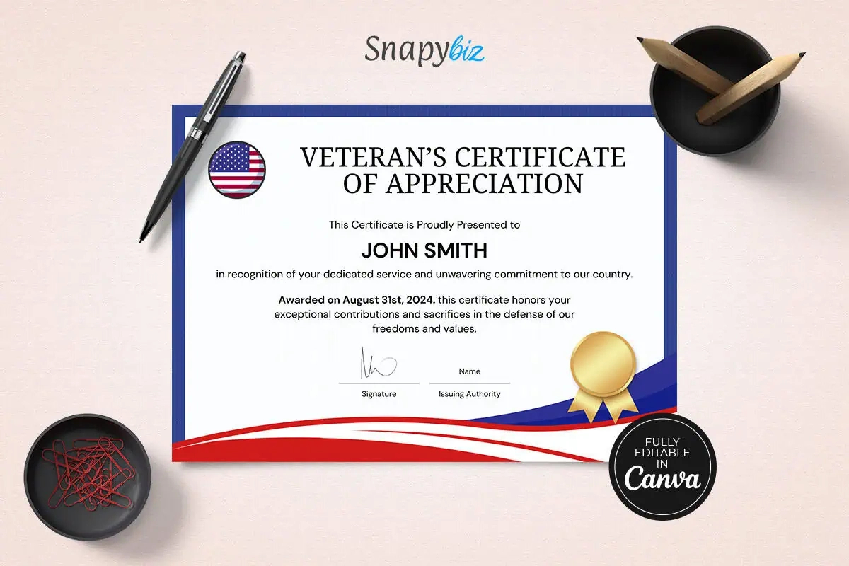 Editable American Veterans Appreciation Certificate Template in Free Printable Veterans Day Certificates