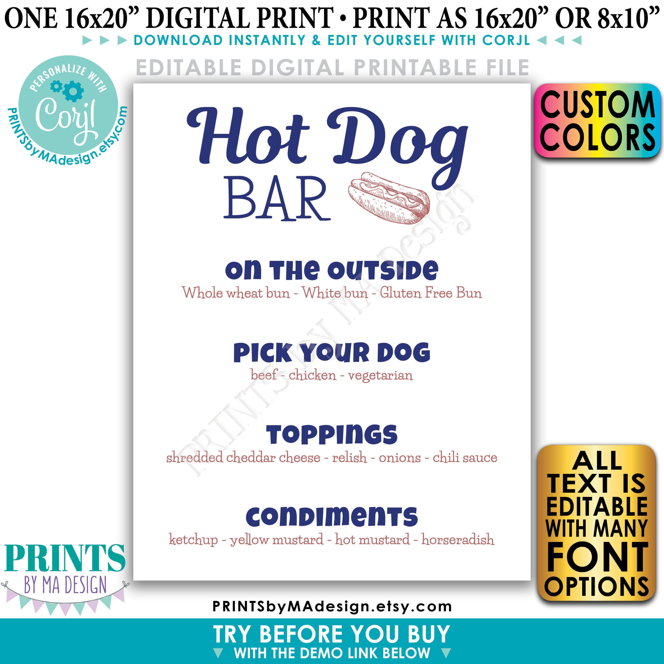 Editable Hot Dog Sign, Custom Hot Dog Bar Menu, Build Yourself A in Free Printable Hot Dog Bar Menu Printables