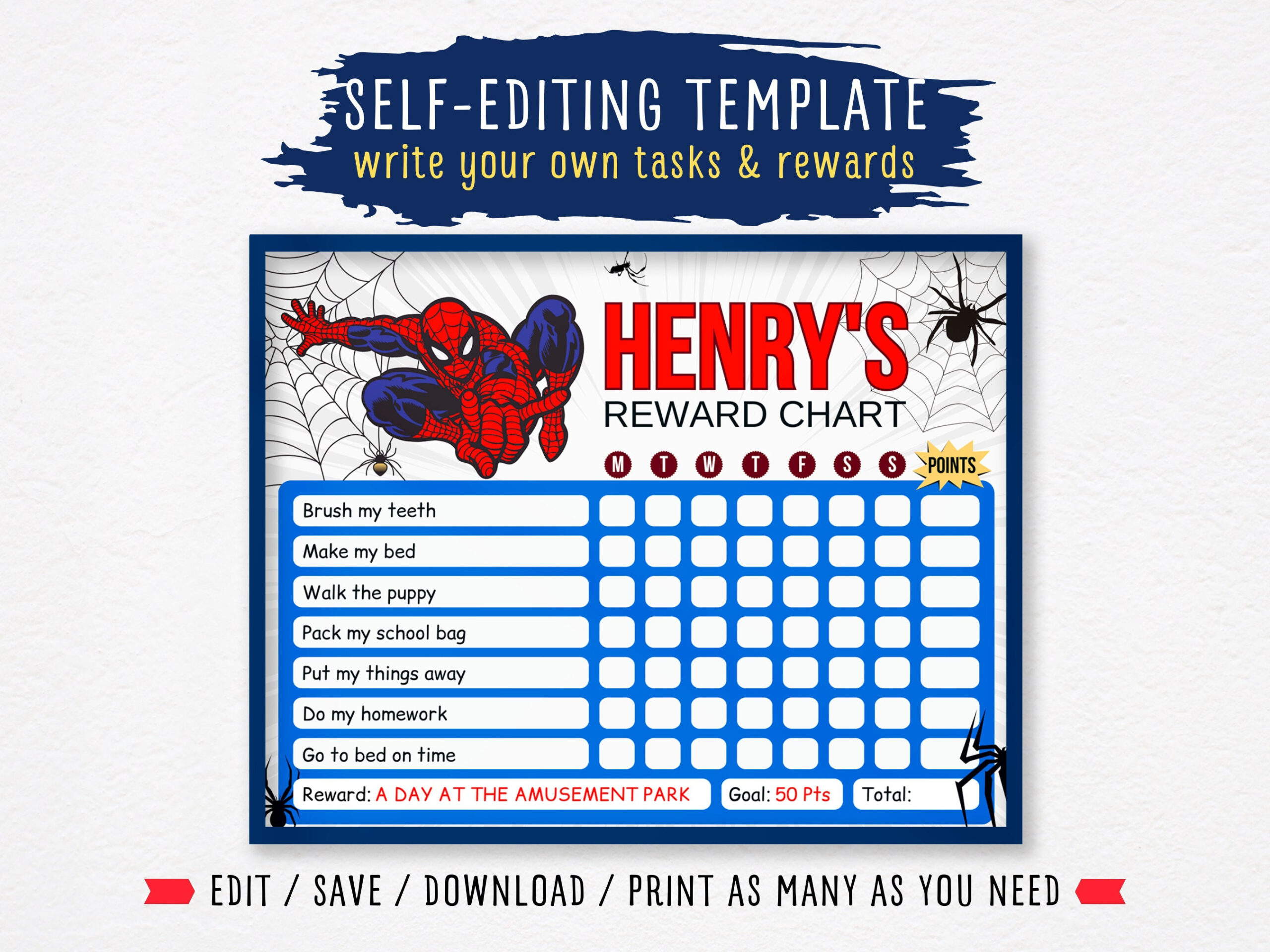 Editable Reward Chart Spiderman, Behavior Reward Chart For Kids for Spiderman Reward Chart Printable Free