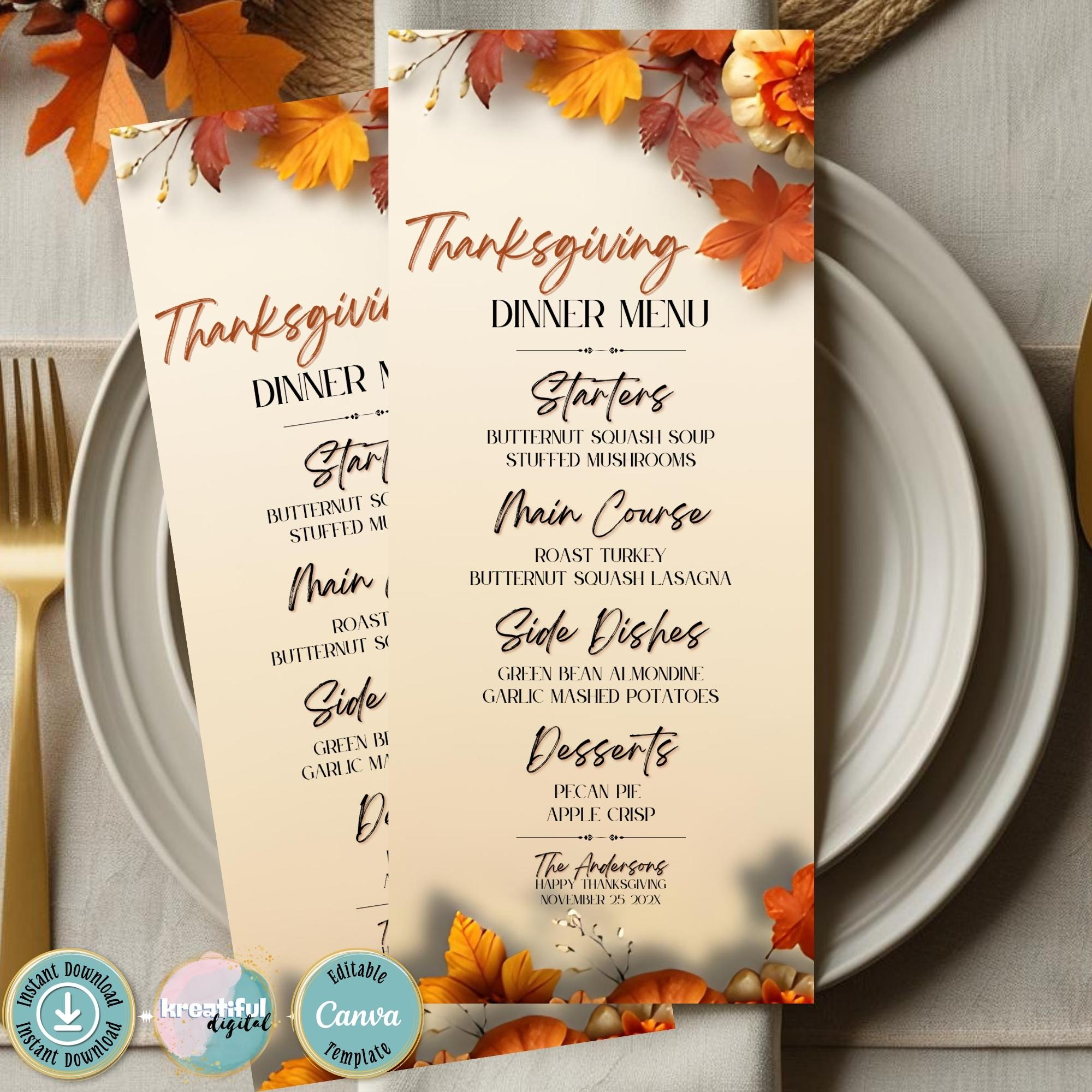 Editable Thanksgiving Dinner Menu, Printable Thanksgiving for Thanksgiving Menu Template Editable