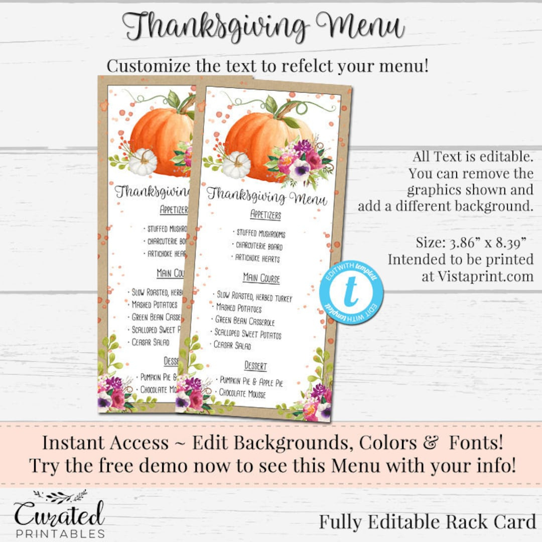 Editable Thanksgiving Menu, Thanksgiving Menu, Printable Menu, Diy with Thanksgiving Menu Template Kids