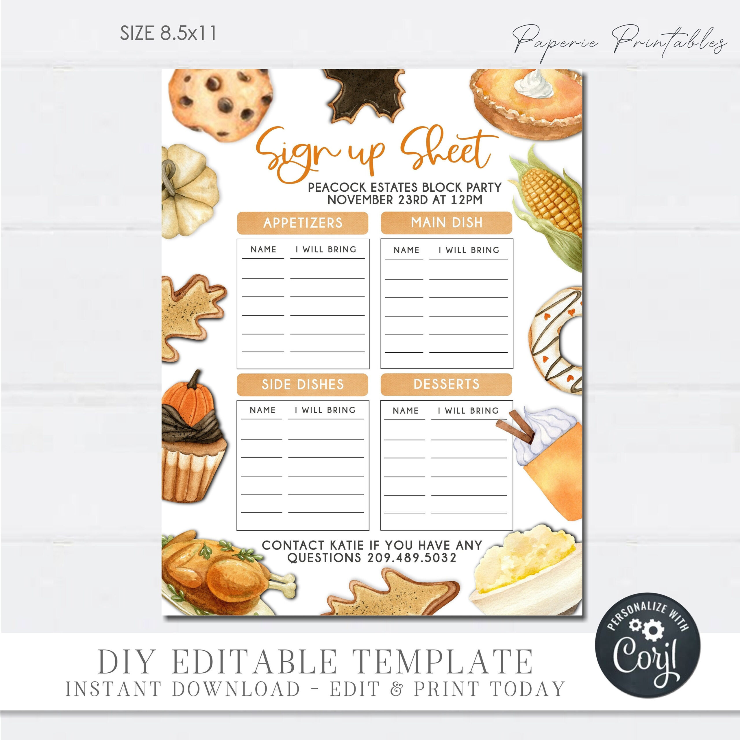 Editable Thanksgiving Potluck Sign Up Sheet (Diy Corjl Template intended for Thanksgiving Menu Template Template Lab