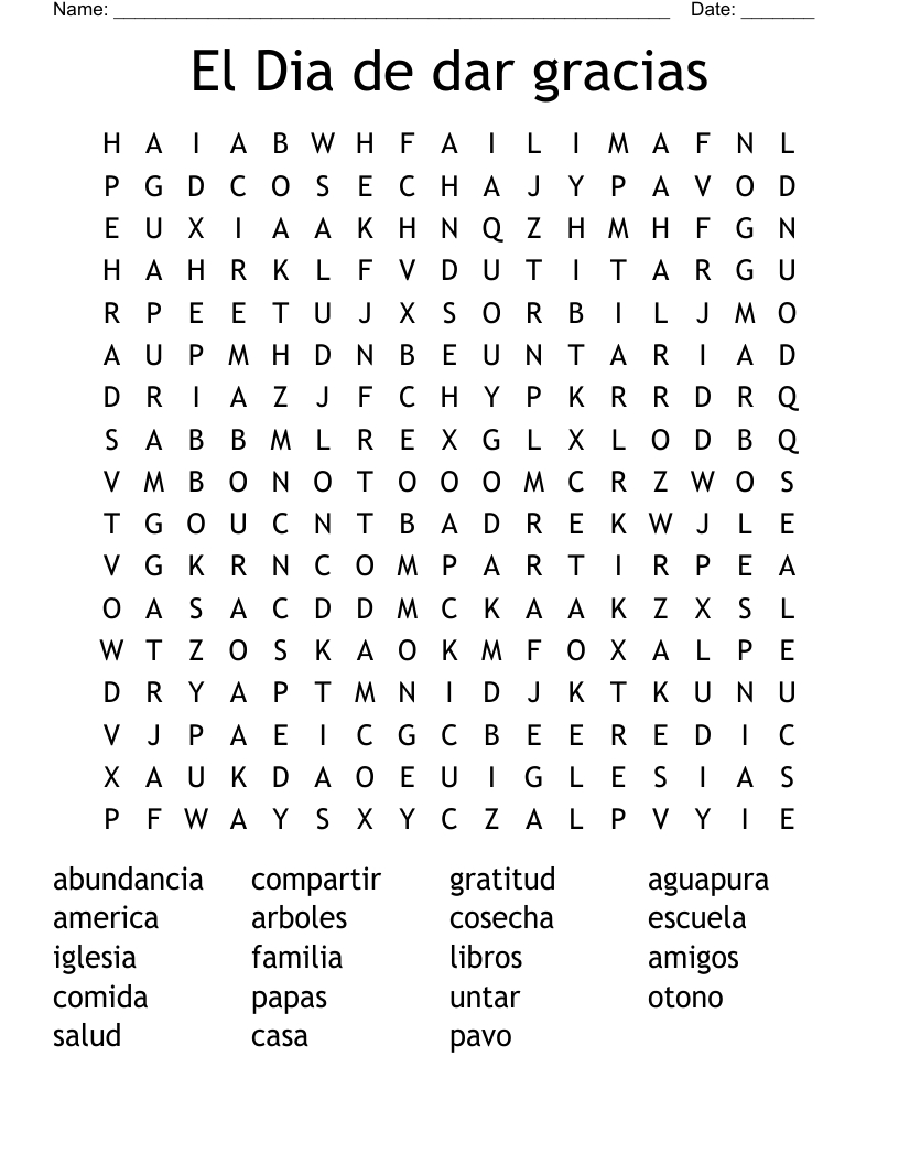 El Dia De Dar Gracias Word Search - Wordmint for Spanish Thanksgiving Word Search Printable