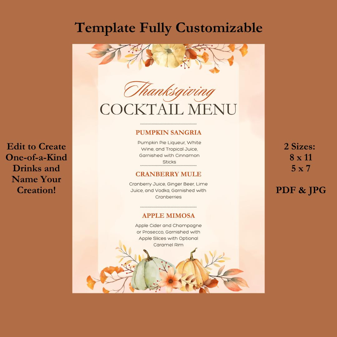 Elegant Thanksgiving Cocktail Menu Template: Editable Design in Thanksgiving Cocktail Menu Template
