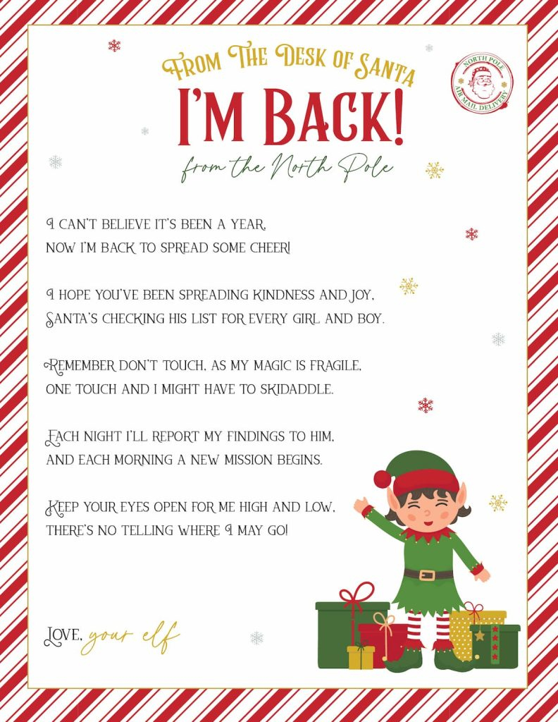 Elf On The Shelf Arrival And Goodbye Letters, Free Printable Set inside Elf Is Back Free Printable