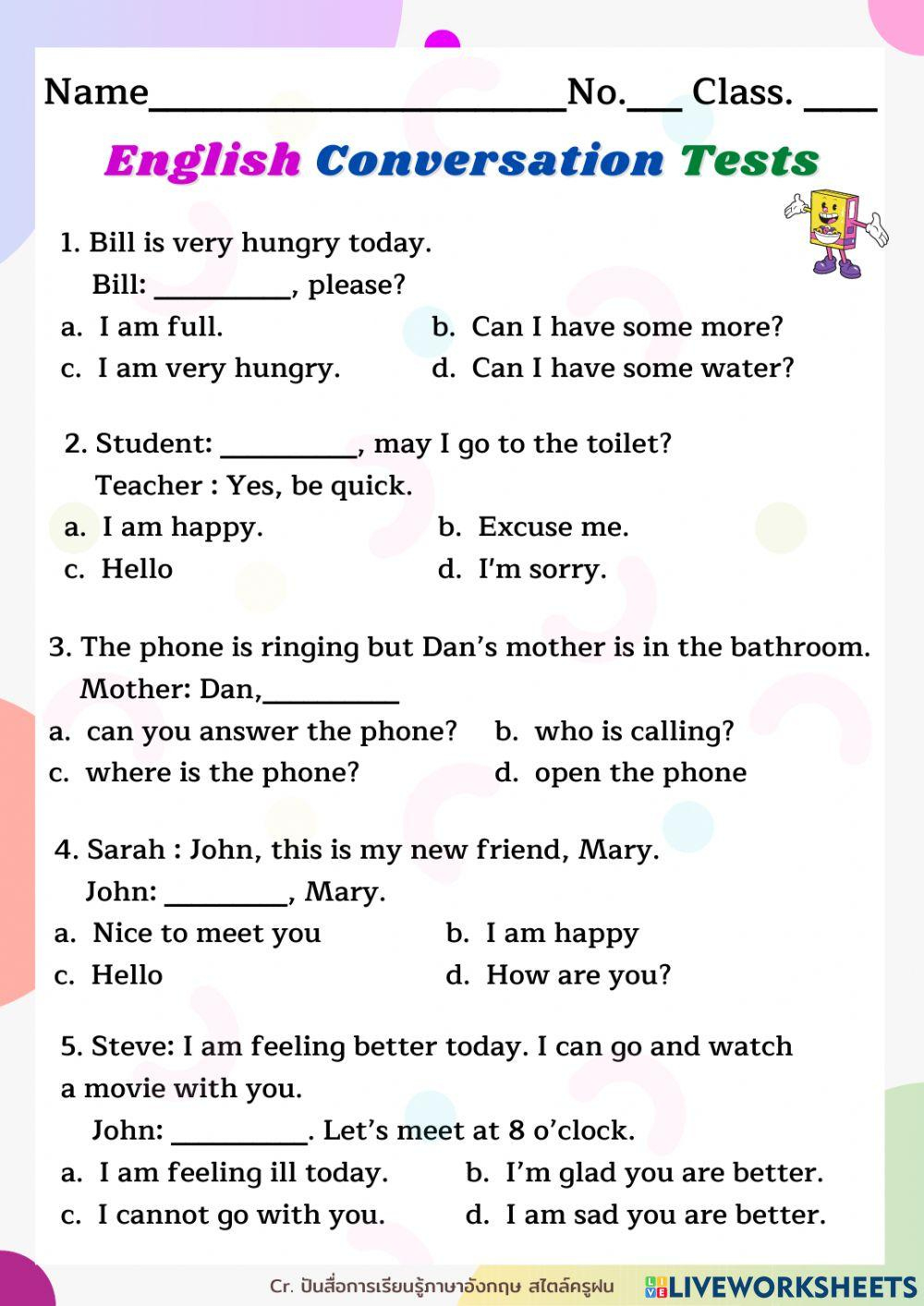 English Conversation Tests1 Worksheet | Live Worksheets in English Speaking Worksheets With Answers