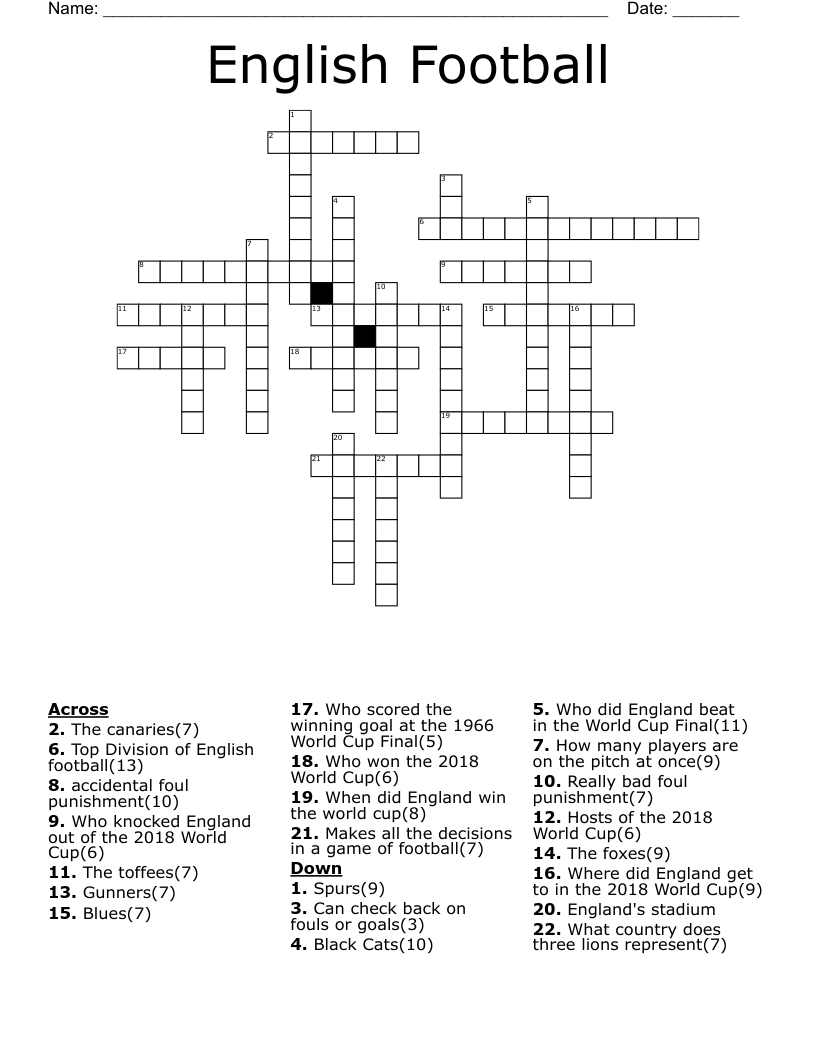 English Football Crossword - Wordmint with regard to Football Crosswords Printable